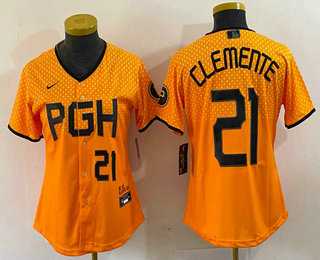 Women%27s Pittsburgh Pirates #21 Roberto Clemente Number Yellow 2023 City Connect Stitched Jersey->mlb womens jerseys->MLB Jersey